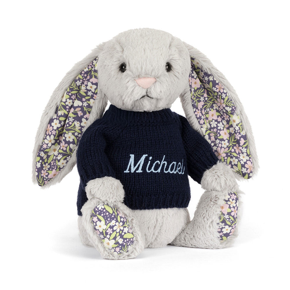 Blossom Silver Bunny 'Bloom' with Personalized Navy Jumper | Jellycat