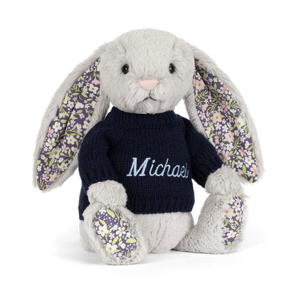 Blossom Silver Bunny 'Bloom' with Personalized Navy Jumper | Jellycat