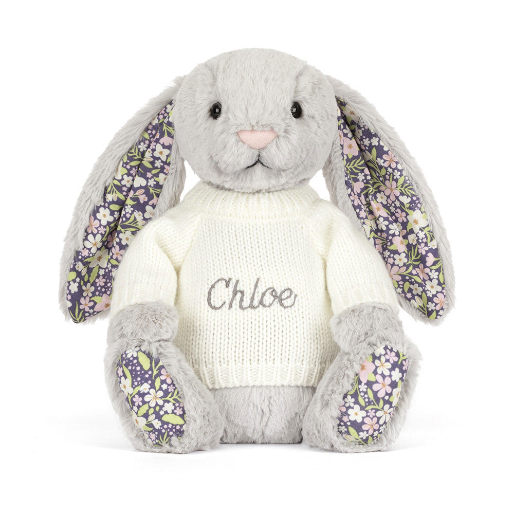 Blossom Silver Bunny 'Bloom' with Personalized Cream Jumper | Jellycat