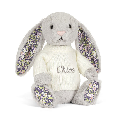 Blossom Silver Bunny 'Bloom' with Personalized Cream Jumper | Jellycat