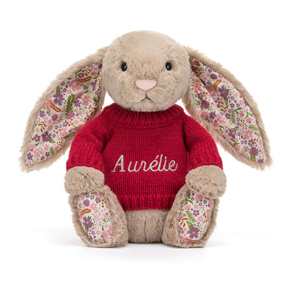 Blossom Beige Bunny 'Petal' with Personalized Red Jumper | Jellycat