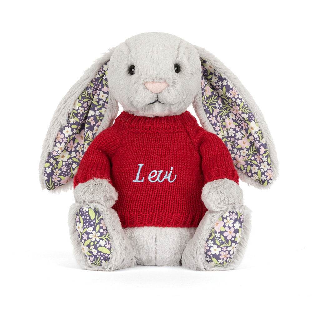 Blossom Silver Bunny 'Bloom' with Personalized Red Jumper | Jellycat