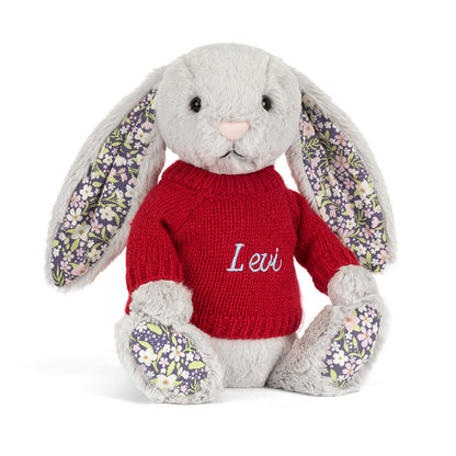 Blossom Silver Bunny 'Bloom' with Personalized Red Jumper | Jellycat