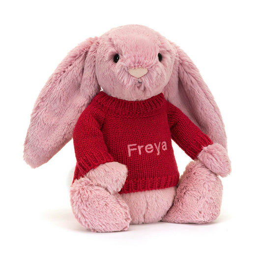 Bashful Tulip Pink Bunny with Personalized Red Jumper | Jellycat