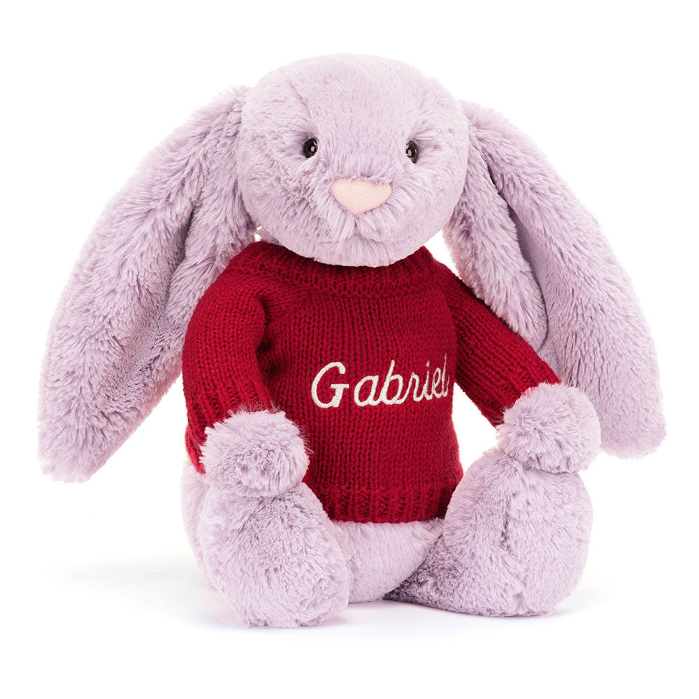 Bashful Lilac Bunny with Personalized Red Jumper | Jellycat