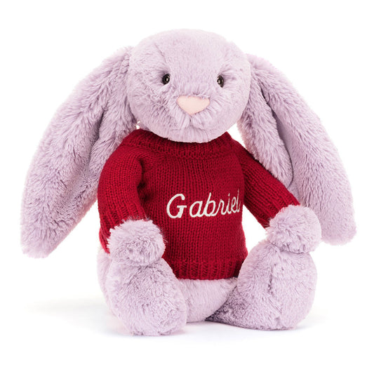 Bashful Lilac Bunny with Personalized Red Jumper | Jellycat
